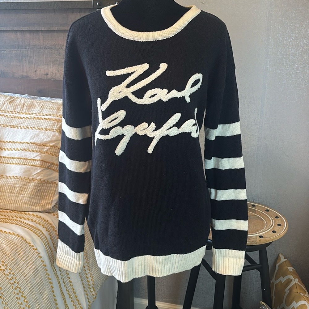 Karl Lagerfeld Black and Cream Logo Crewneck Sweater